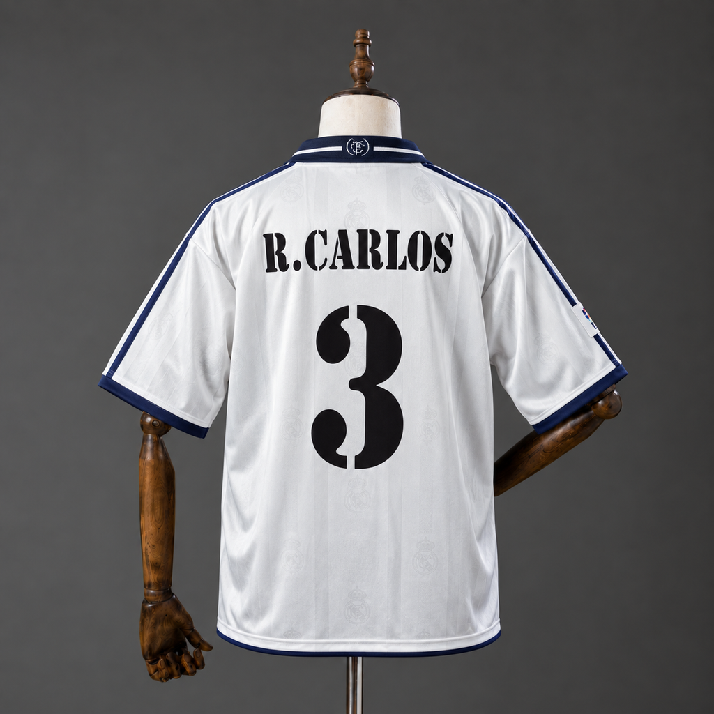ROBERTO CARLOS REAL MADRID 2000 - 01 HOME KIT FIVE SLEEVES PREMIUM EMBROIDERY