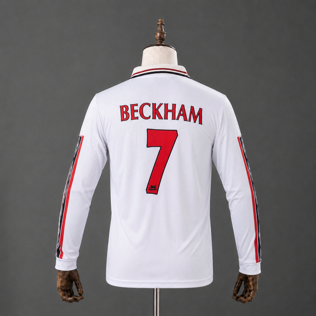 DAVID BECKHAM MANCHESTER UNITED 1998 WHITE KIT PREMIUM EMBROIDERY